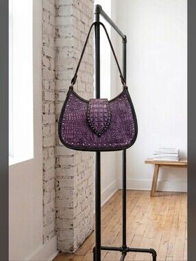Double J Saddlery Genuine Leather Croc Purple Croc-Embossed Studded Shoulder Bag